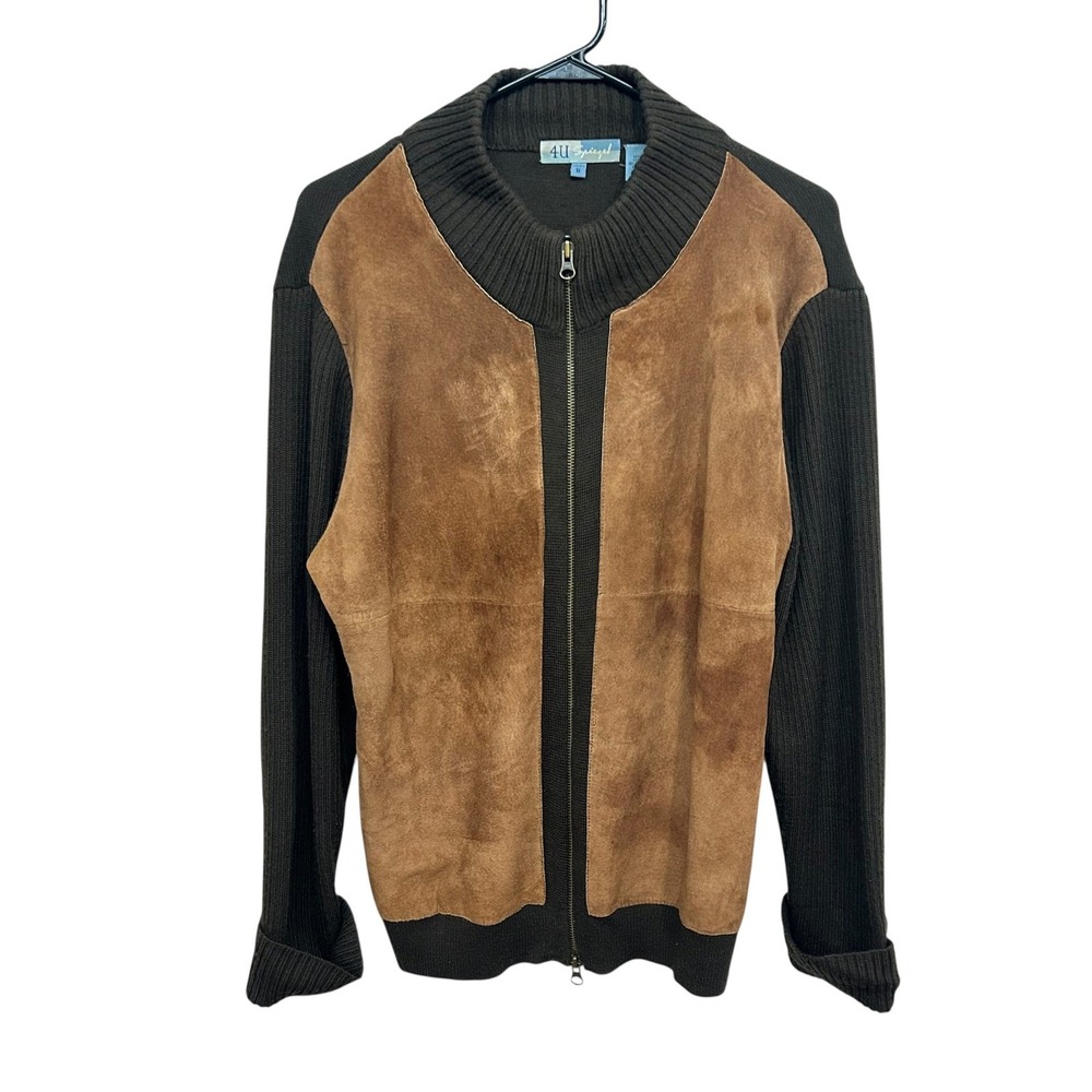 Leather Front Full Zip Wool Blend Sweater Jacket 1X Tan Brown Indie Y2K‎
